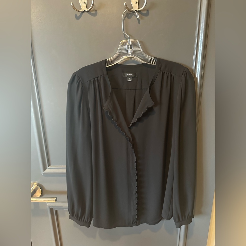 J. Crew Drapey Black Scalloped Blouse